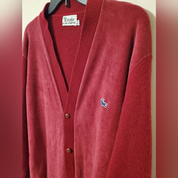 Lacoste Sweaters - Vintage Lacoste Velour Textured Burgundy V-Neck Cardigan with Croc Logo XL